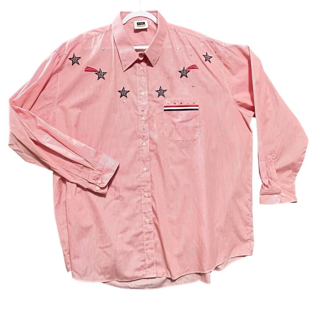 Patriotic Red White Blue Stars Stripes Vintage CST Sport Button Up Shirt est. 4X